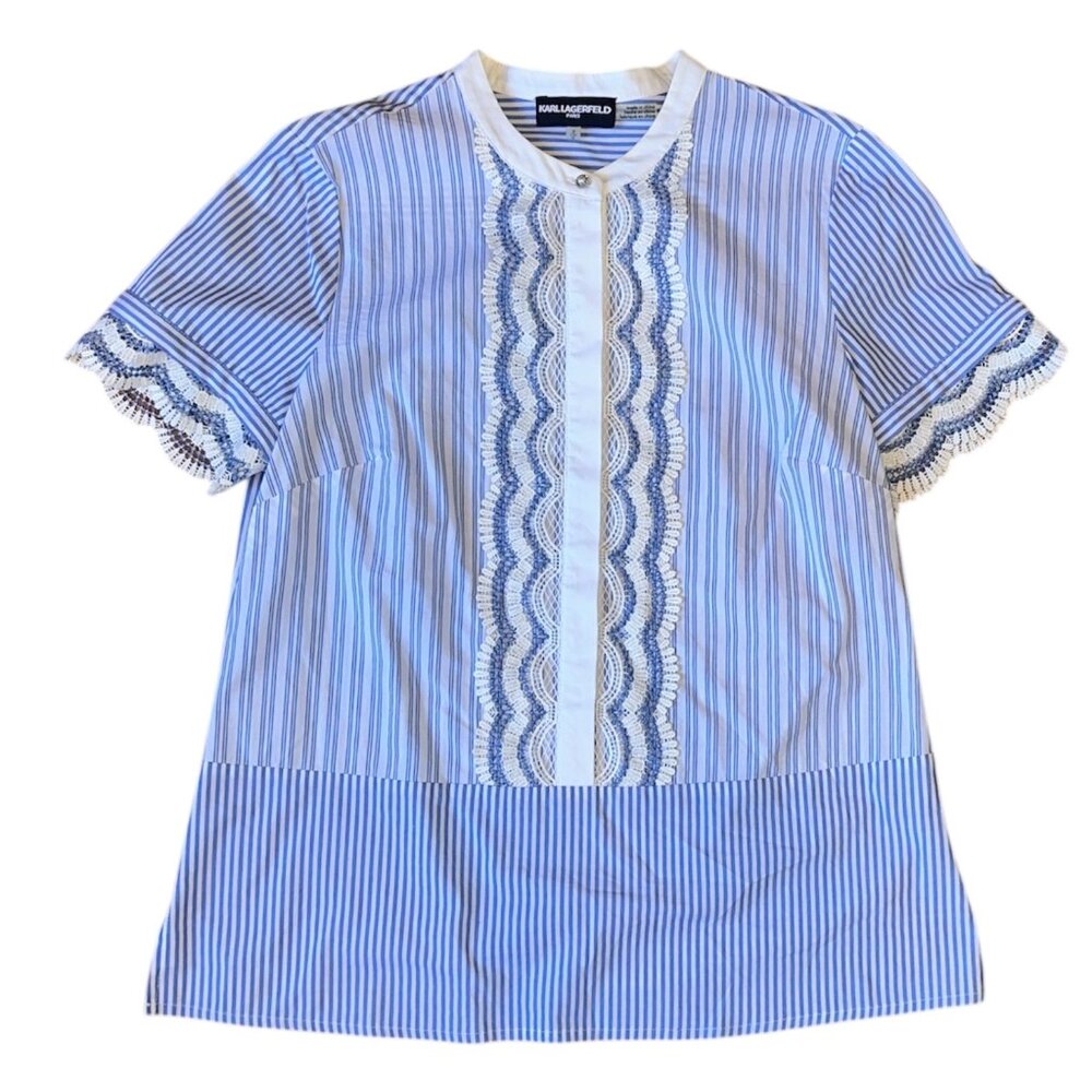Karl Lagerfield blue & white scalloped blouse